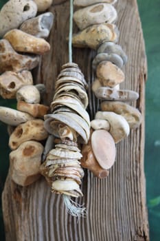 A portrait format image of sea shells and stones stringed together on a piece of plastic rope found on the beach. All set against a piece of drift wood.