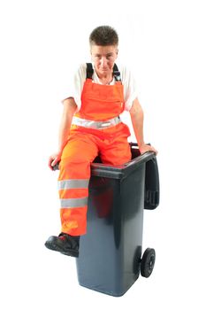 young woman in a garbage can on a white background