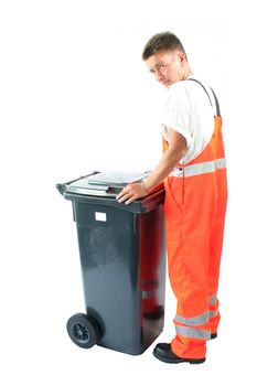 young woman at a garbage can on a white background