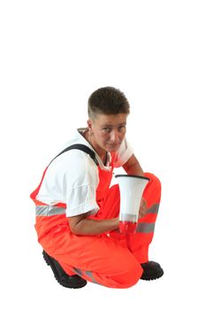 young women in high visibility clothing with megaphone on a white background