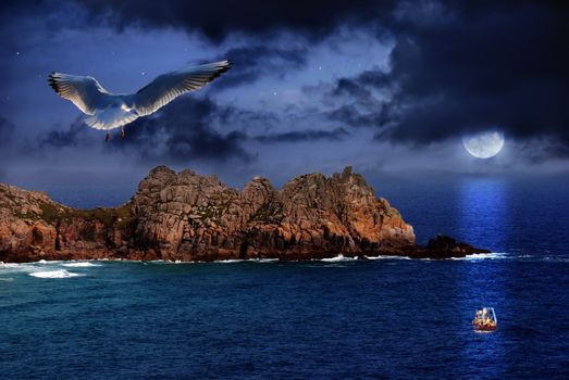 Full moon over the ocean with a ship in its beam taken from a seagull perspective