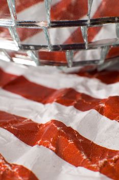 mirror disco ball on american flag, red and white stripes