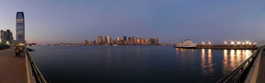 night panorama photo of new york cityscape, photo taken from jersey city, 