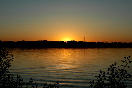 Evening sunset photographed from river bank Volga