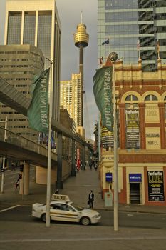 sydney tower viewed from darling harbour, monorail on right