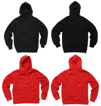Photograph of two blank hoodie sweatshirts, red and black, front and back.  Clipping paths included.  Ready for your design or artwork.