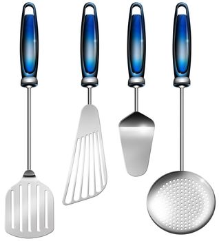 Illustration with four kitchen utensils, three spatulas and one colander on a white background