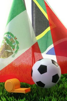 Flags with leather ball and whistle on a white background