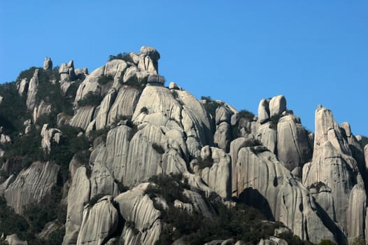 Landscape of rocky mountains with blue sky as background