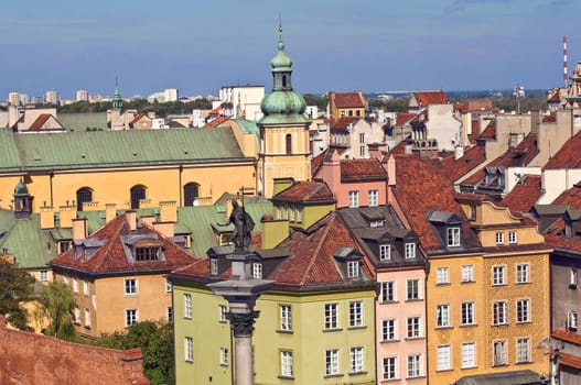 Houses and church in the Old Town of Warsaw,Poland.