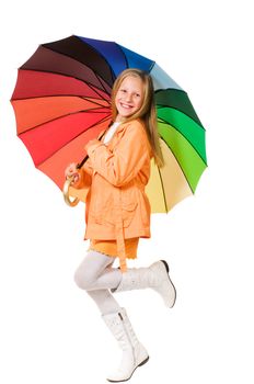 Girl with umbrella isolated on white background