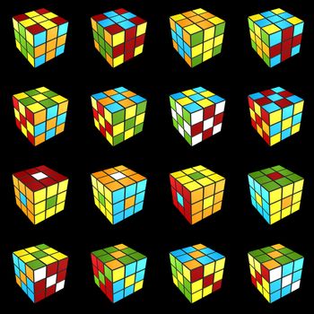 Rubik's cube different pattern on black background 3d render