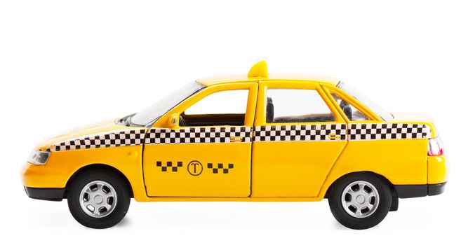 Little taxi car (toy) isolated over white background