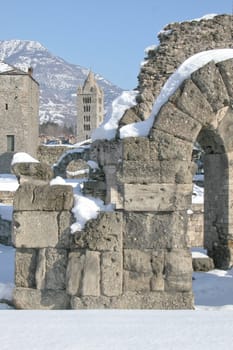 Ruins of the Roman Theatre and Church of Sant'Orso in Aoste, Italy