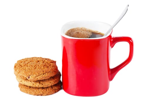 A red cup of coffee and cookies isolated over white background