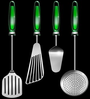 Illustration with four kitchen utensils, three spatulas and one colander on a black background