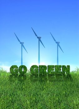 Textured go green sign over fresh grass. Wind turbines over clear blue sky background.
