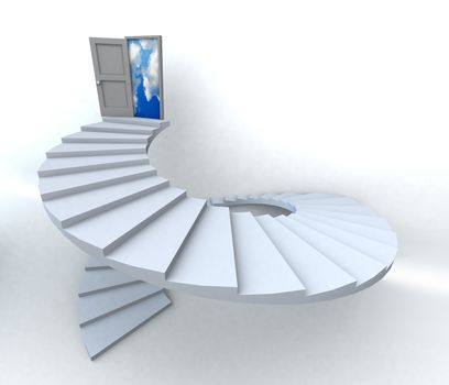 Staircase with open door to a semi cloudy blue sky. 3D illustration