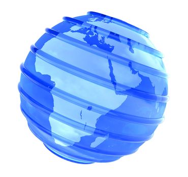 Blue Earth globe with glassy parallel lines with Africa view on white background.