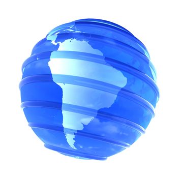 Blue glassy transparent planet Earth with lines parallel. 3D object focused in South America on white background.