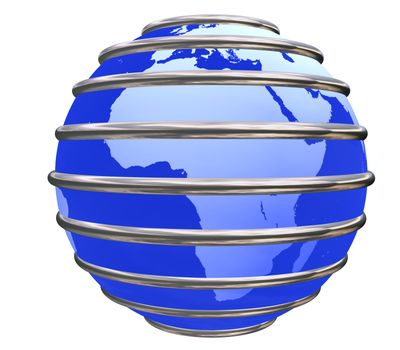 Blue Earth Planet in jail by metal bars focused in Africa on white background.