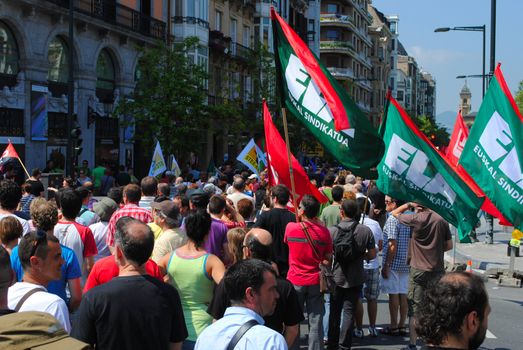 Flags of the Basque Workers' Solidarity (Eusko Langileen Alkartasuna) during a general strike in San Sebastian (Donostia).