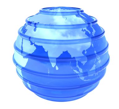 Blue glassy transparent planet Earth with lines parallel. 3D object focused in Asia on white background.