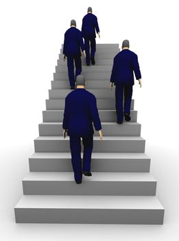 Four businessmen seen from back climbing a staircase. 3D illustration