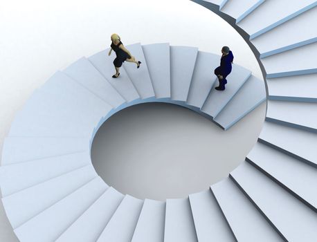 Businesswoman and a businessman going upstairs in a curved staircase.