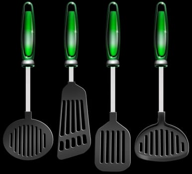 Illustration with four kitchen utensils, spatulas on a black background