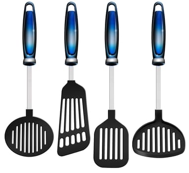 Illustration with four kitchen utensils, spatulas on a black background