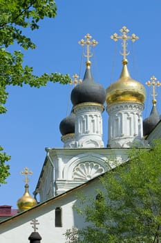 Domes of orthodox church against blue sky, Russia
