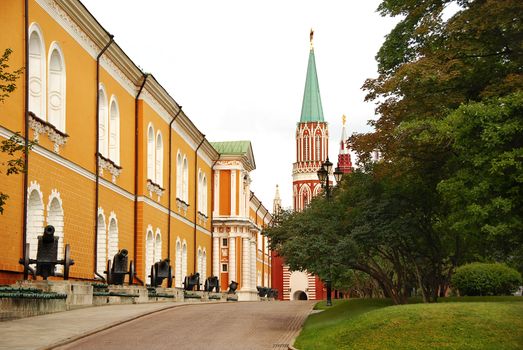 Kremlin architecture details, Kremlin Nikolskaya tower on Red Square in Moscow, Russia, old tops row