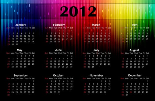 2012 colorful calendar on three rows