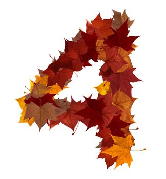 Number 4 made with autumn leaves isolated on white with clipping path. So you can easily cut it out and place over the top of a design. Find others symbols in our portfolio to compose your own words.
