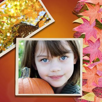 Photo of little girl over a background with colorful autumn leaves.