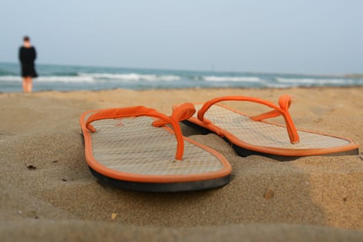 Sandals at the beach. on a hot day