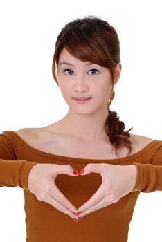 Heart shape make by Asian attractive beauty, closeup portrait on white background.