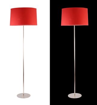 Contemporary metallic and red fabric floor lamp on white and black backgrounds. Clipping path included for both, so you can easily cut it out and place over the top of a design.