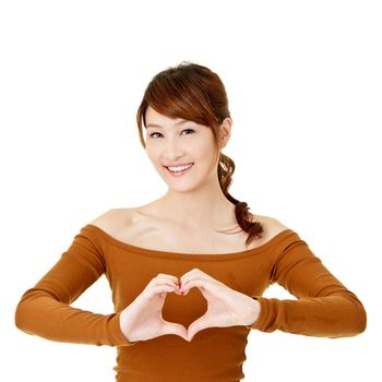 Happy woman make heart shape by her hands, closeup portrait on white background.