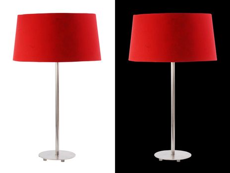 Contemporary metallic and red fabric table lamp isolated on white and black backgrounds. Included clipping path, so you can easily cut it out and place over the top of a design.