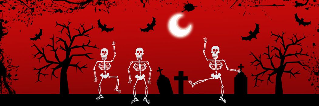 Scary dancing skeleton, tombs and tree Halloween banner background.