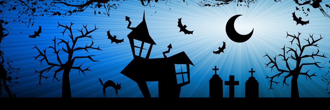 Terror night halloween background with house, cat, tombs and trees.