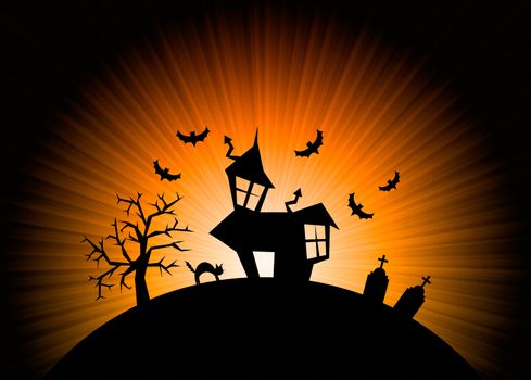 Terror orange night halloween background with house, cat, tombs and trees.