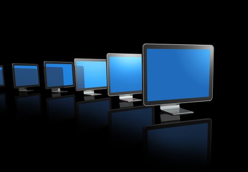 many 3D television, computer screens isolated on black