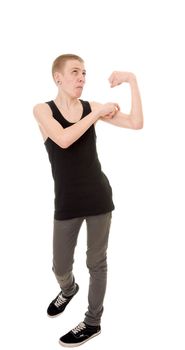 funny skinny teen shows biceps isolated on white background