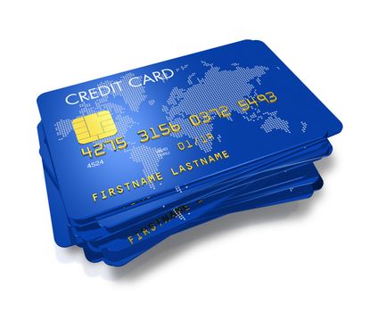 stack of blue credit cards with worldmap print isolated on white