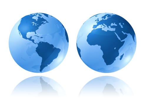 two blue glossy earth globes on white background - three dimensional illustration