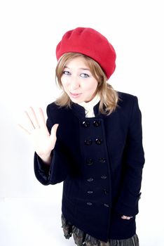 Young smiling girl in French style greeting