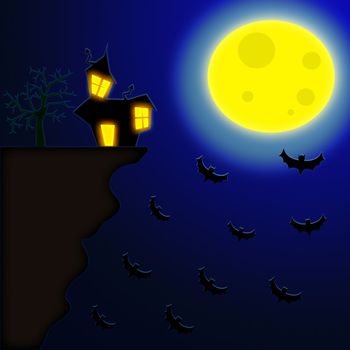 Terror night halloween background with house near a risky cliff and bats flying to the moon.